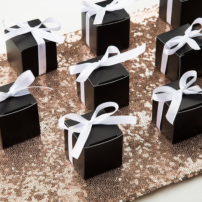 AWELL Black Gift Candy Box Bulk 2x2x2 inches with White Ribbon Party Favor Box,Pack of 50