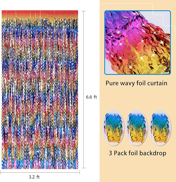 3 Pack Colorful Foil Fringe Curtain Backdrop - 6.6 x 3.3 ft Wavy Rainbow Tinsel Backdrop Curtain Metallic Streamers Iridescent Holiday Photo Booth Party Decorations