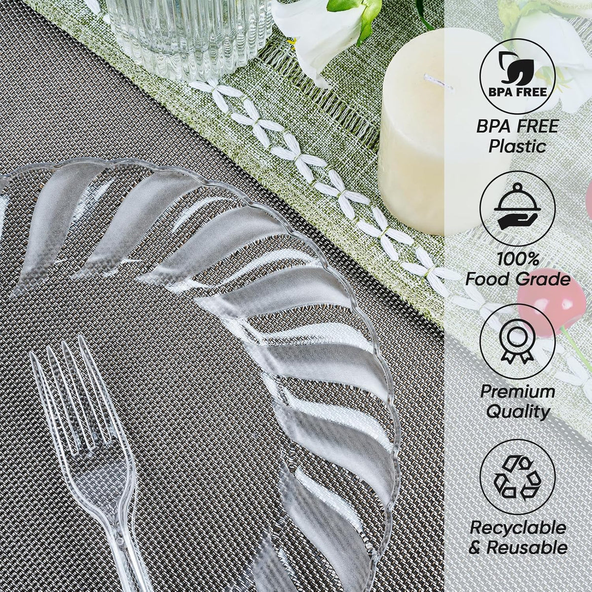 FOCUSLINE 100 Count Clear Plastic Plates, 9 Inch Disposable Dinner Plates