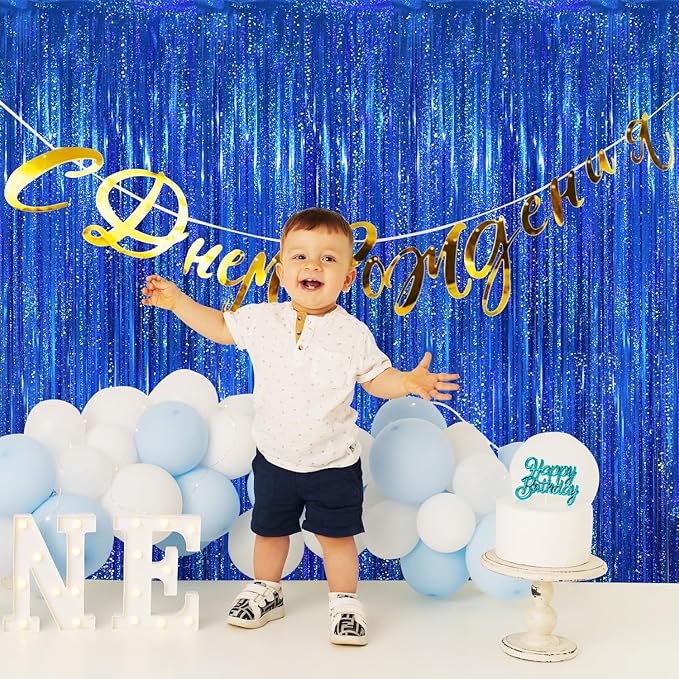 GOER 3.2 ft x 8.2 ft Metallic Tinsel Foil Fringe Curtains Party Photo Backdrop Party Streamers for Birthday,Graduation,New Year Eve Decorations Wedding Decor(4 Packs,Shiny Blue)