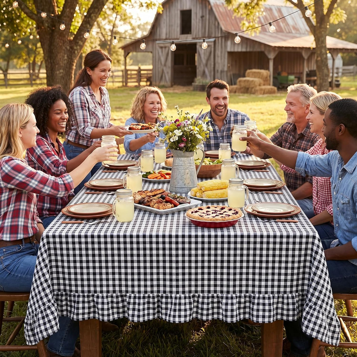PartyDelight Gingham Ruffle Tablecloth Black White Checkered Rectangular Wash...