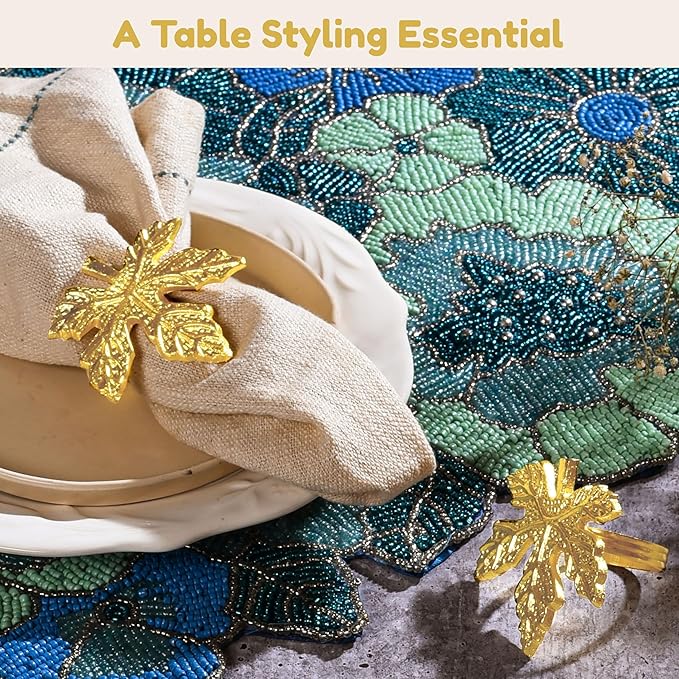 Elegant Handcrafted Leaf Napkin Rings - Set of 12 Premium Aluminum Holders for Dinner Parties, Weddings, Special Occasions & Everyday Dining (Gold) - CLEENTABLE