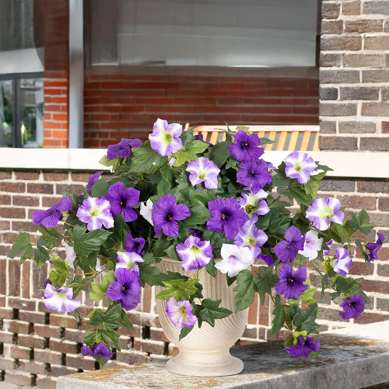 Ammyoo Artificial Fake Flowers Plants for Outdoor Decoration, 2PCS Faux Petunias Silk Flower UV Resistant No Fade for Home Outside Garden Balcony Yard Porch Realistic Indoor Decor (Purple White)