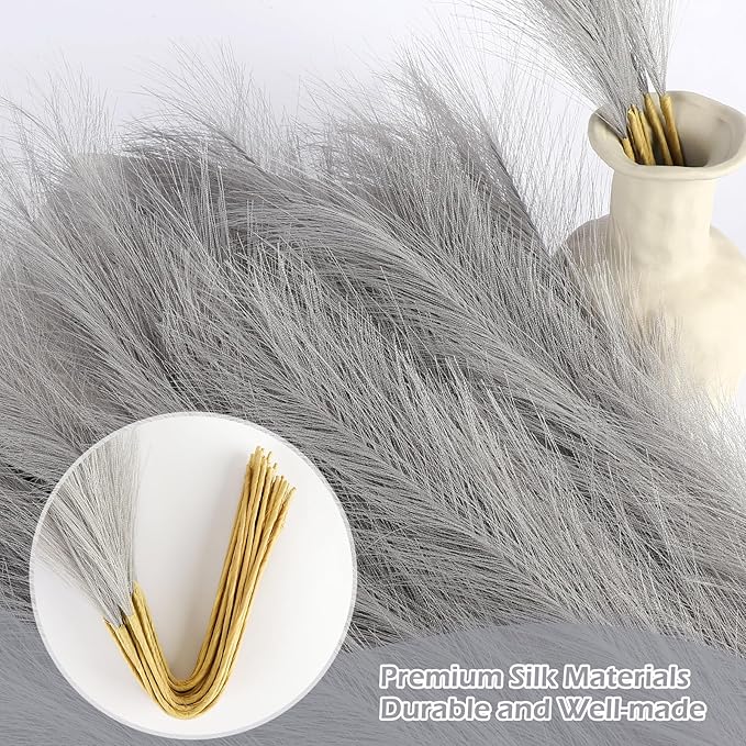 Grey Pampas Grass Decor 30 Pcs 21.7 Inch Faux Gray Pampas Grass Bulk Artificial Dried Flowers Small Vase Filler Pompas Grass.