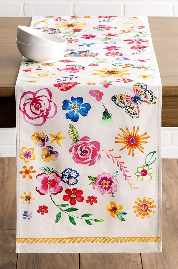 Maison d' Hermine Table Runner 100% Cotton Double Layer Table Runners 108 inches Long Decorative for Home Dining Party Wedding Bridal Shower Spring Summer (Happy Florals - Sweety, 14.50" x 108")