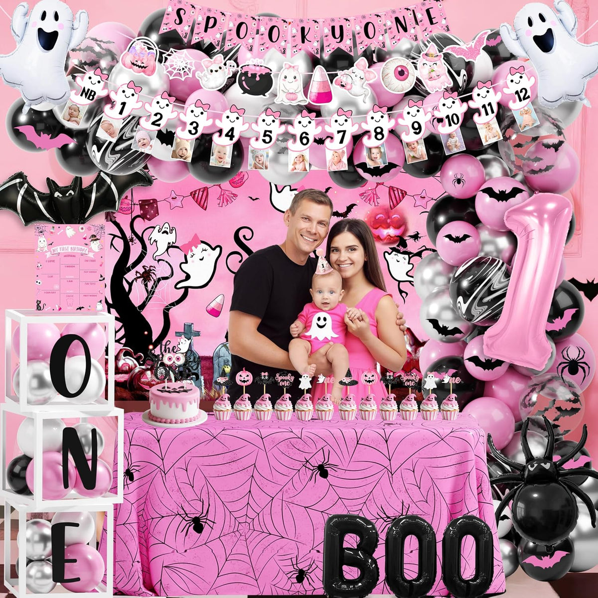 pink spooky one birthday decorations girl halloween 1st, package contents