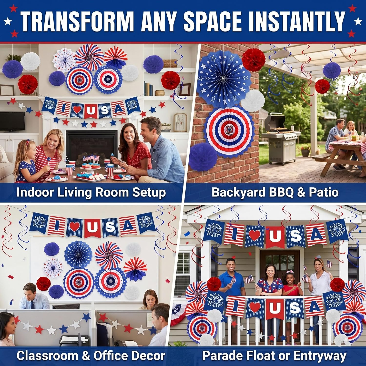 34PCS 4th of July Decorations Patriotic Decorations Love USA Banner Red White Blue Paper Fans, Star Streamer, Pom Poms, Hanging Swirls for Memorial Day Veterans Labor Presidents Flag