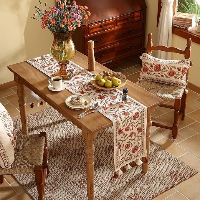 ISAENNE Designer Elegant Linen Table Runner 87 Inches Long,Vintage Orange Floral Pattern Table Runners for Dining Tables,Kitchen Decor,Thanksgiving,Christmas,Banquet,12"*87"-Alvarado A