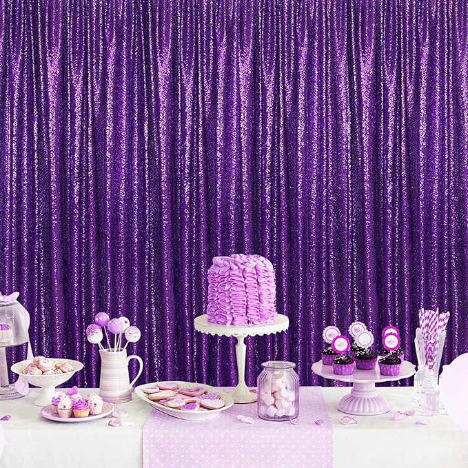 Purple Halloween Backdrop - Sequin Backdrop 2 Pieces 3x8FT Purple Glitter Drapes Fabric for Photography Wedding