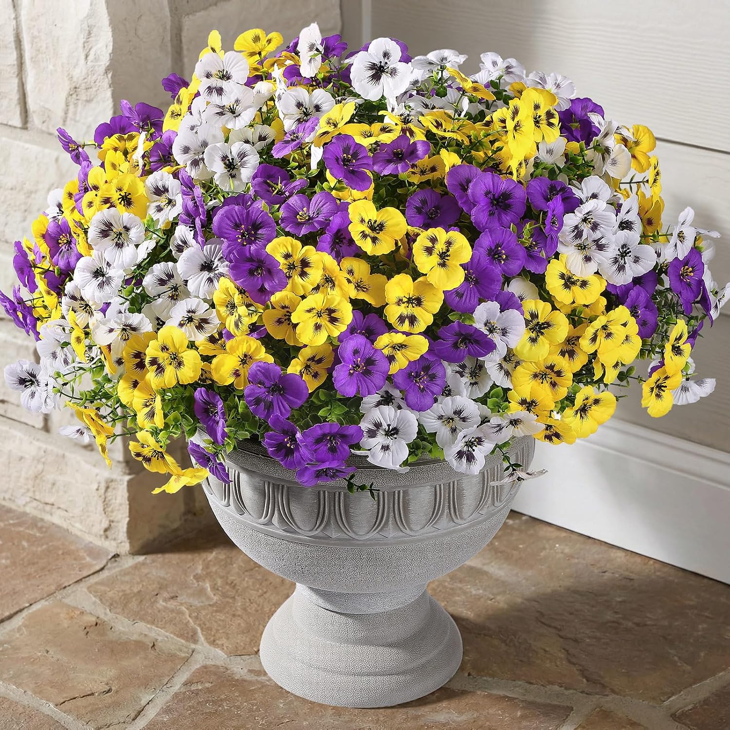 Alupssuc 24 Bundles Artificial Flowers for Outdoors Spring Decorations, Big Fake Flowers UV Resistant Realistic Pansies with Eucalyptus Silk Faux Flowers for Porch Yard, Yellow White CrimsonPurple