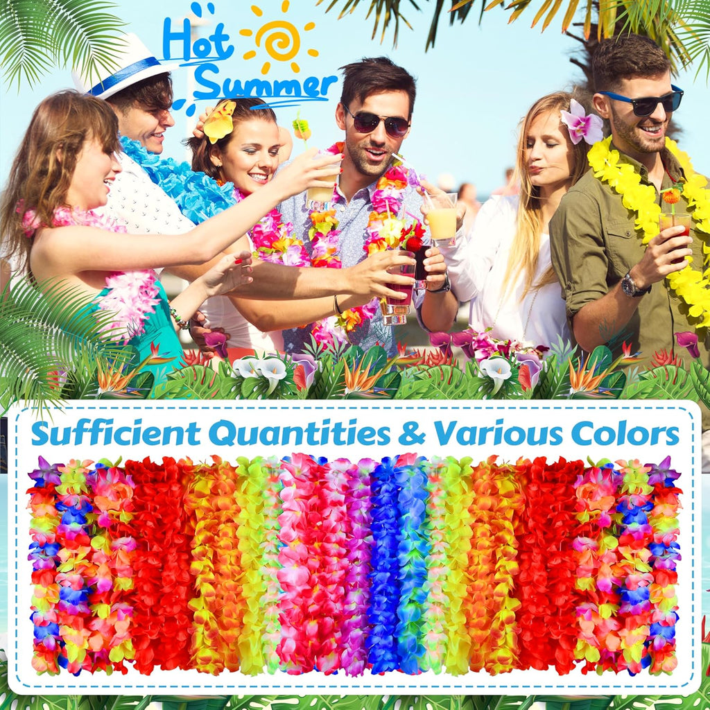 Palonu 120 Pack Hawaiian Lei Bulk, Tropical Luau Hawaii Theme Silk Flower Necklace, Party Favors for Beach Holiday Wedding Birthday Party, Aloha Summer Party Decorations