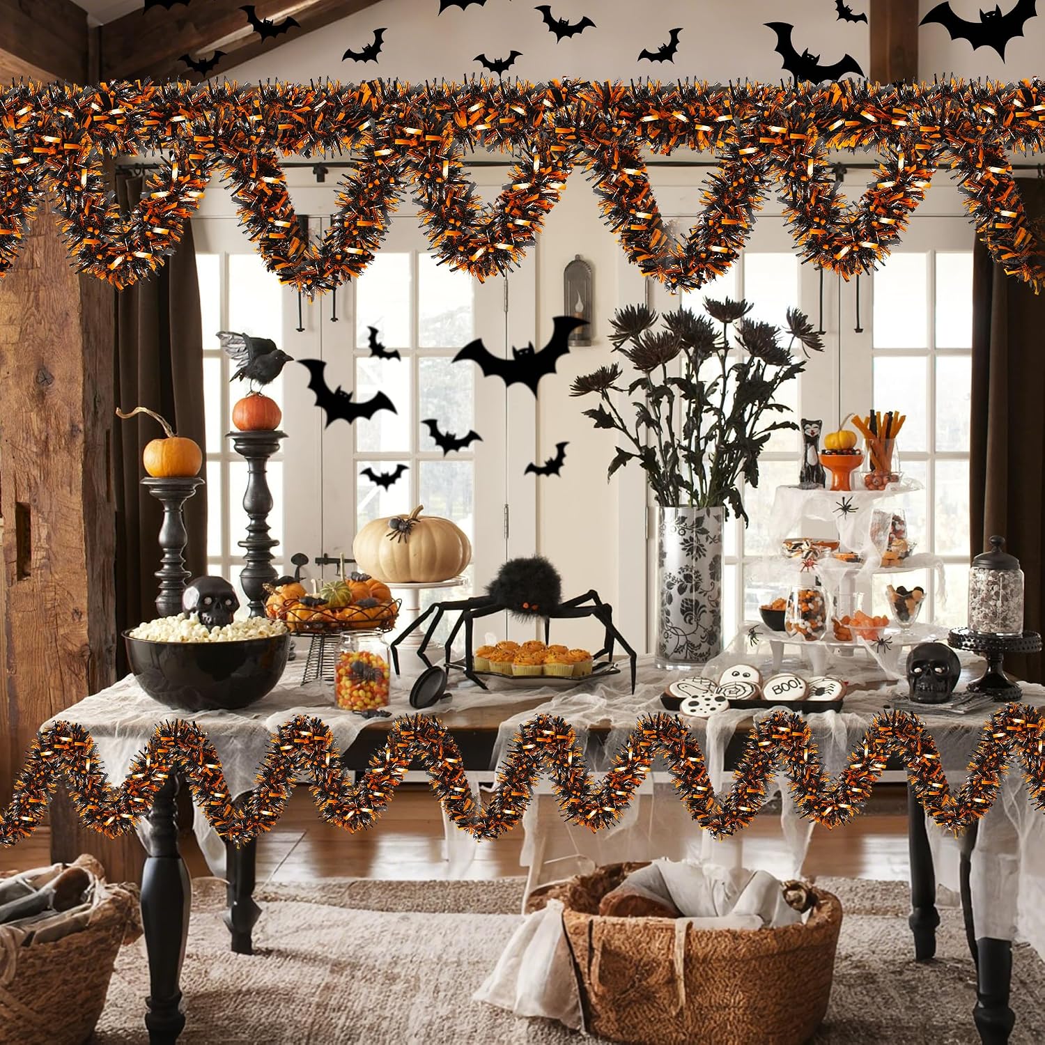 Halloween Decorations, 50FT Halloween Tinsel Garland Shiny Orange Black Metallic Twist Hanging Garland for Indoor Outdoor Home Tree Stairs Party Decorations