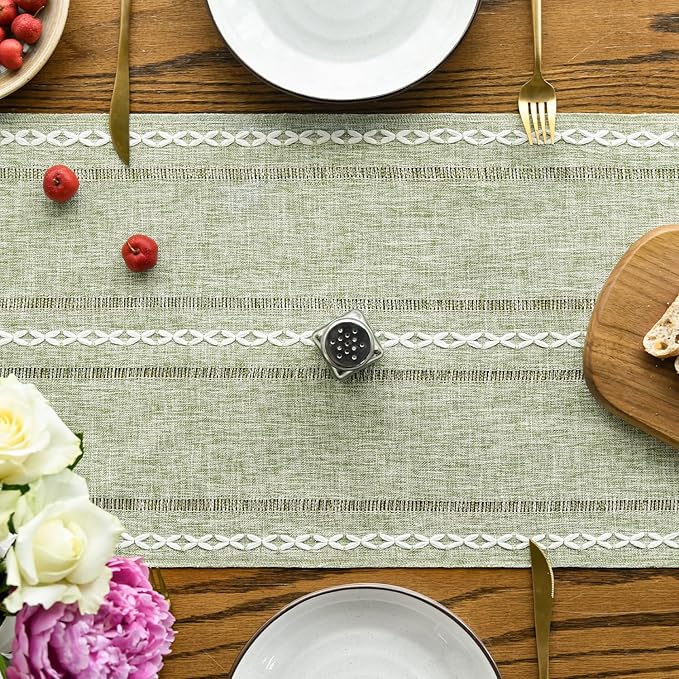Artoid Mode Sage Green Rustic Cotton Linen Table Runner, Seasonal Embroidered Hollow Kitchen Dining Table Decoration for Home Party Decor 13x108 Inch