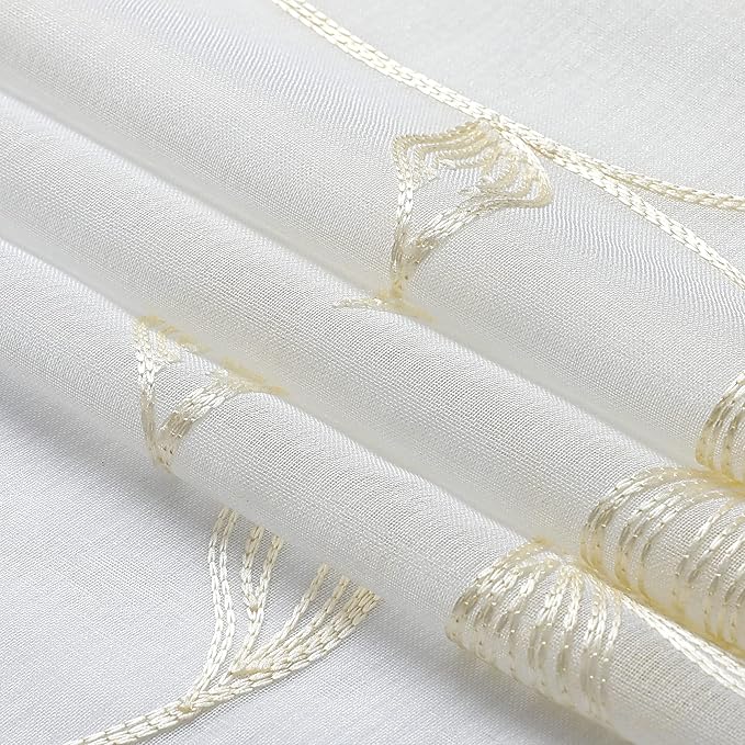 VISIONTEX Sheer Curtains 63 inch Length 2 Panels Set, White Voile Crushed Cream Vine Leaves Embroidery, Rod Pocket Embroidered Window Drapes for Living Room and Bedroom, 54" x 63"