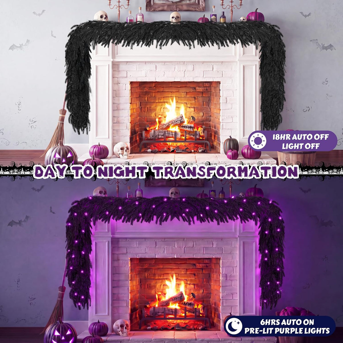 doiown pre-lit 6ft black norfolk pine halloween garland showing dimensions