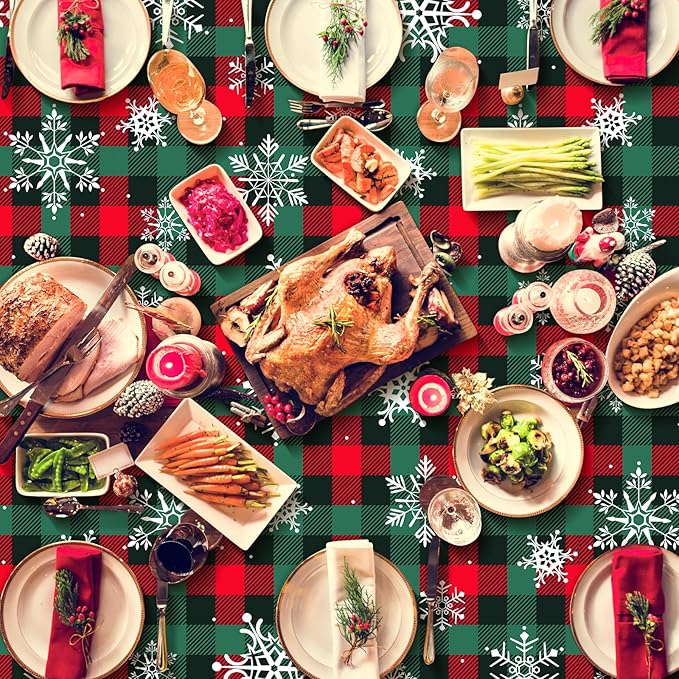 6Pcs Christmas Buffalo Plaid Snowflake Party Tablecloths Decorations,Plastic Red and Green Checkered Rectangle Table Cover for Winter Christmas New Year Birthday Holiday Party Decorations,54x108 inch