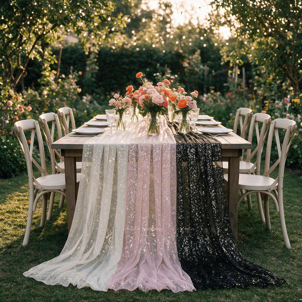 Artoid Mode 6PC Beige Black Pink Gauze Table Runner 120 Inch 10FT, Glitter Me...
