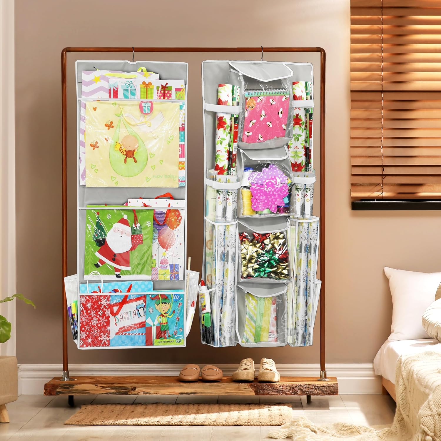 Simple Houseware Double-Sided Hanging Gift Wrap Organizer Storage Pockets, Gray (Set of 1)