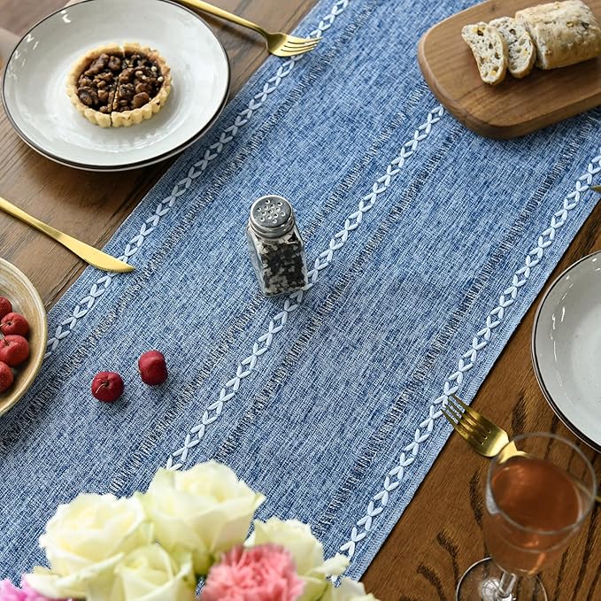 Artoid Mode Blue Rustic Cotton Linen Table Runner, Seasonal Embroidered Hollow Kitchen Dining Table Decoration for Home Party Decor 13x36 Inch