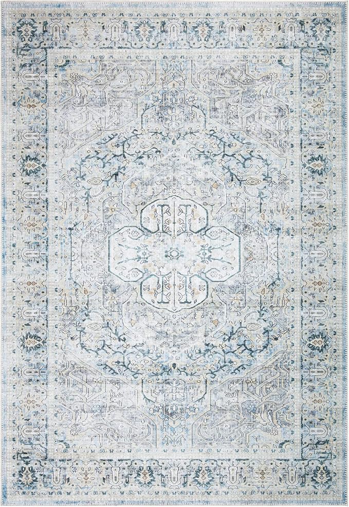 Bloom Rugs Washable Non-Slip 4' x 6' Rug - Cream/Light Blue/Teal Traditional Medallion Area Rug for Living Room, Bedroom, Dining Room, and Kitchen - Exact Size: 4' x 6'