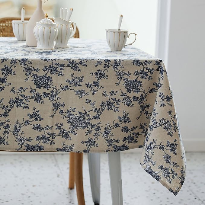 Pastoral Rectangle Tablecloth - 60 x 140 Inch - Beige Linen Table Cloth - Washable Table Cover with Dust-Proof Wrinkle Resistant for Restaurant, Picnic, Indoor and Outdoor Dining, Floral (Dark Blue)