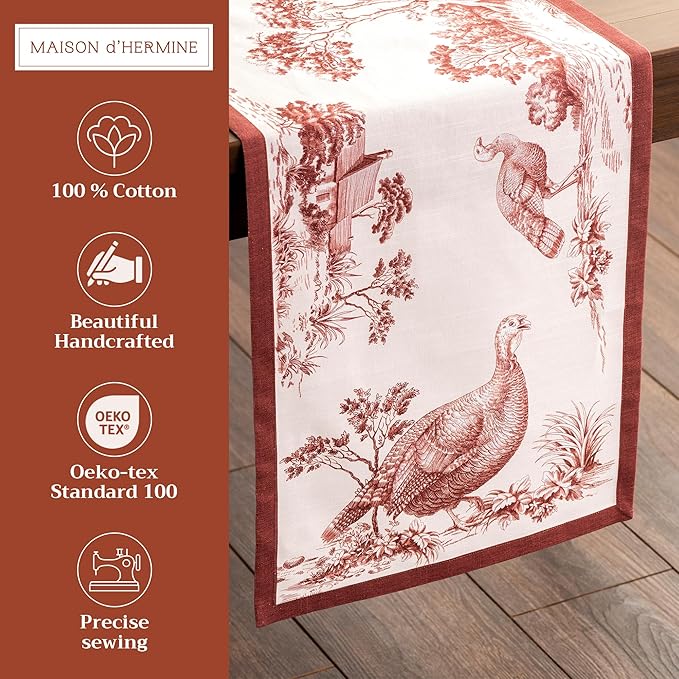 Maison d' Hermine Table Runner 100% Cotton Single Layer Table Runners 108 inches Long for Thanksgiving Christmas Decorations Home Kitchen Dining Party Wedding (Holy Jouy - Brown, 14.5" x 108")