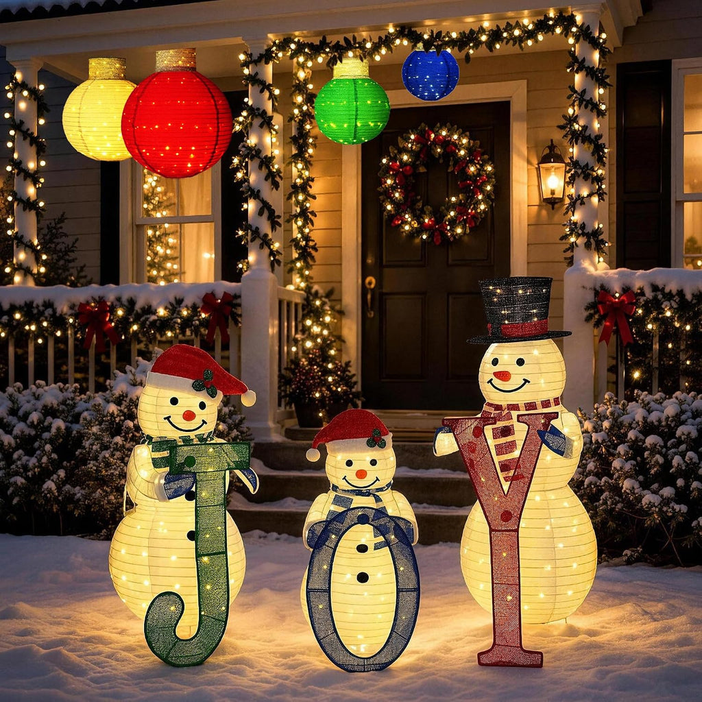 foowin lighted 3 pcs 3d outdoor snowman family, front angle view