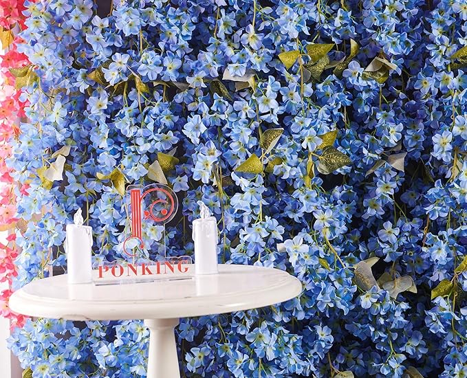 Flower Garland, Artificial Hydrangea Vine Flowers, Hanging Fake Hydrangeas Vine for Room Anniversary Wedding Birthday Christmas Wall Arch Decor, 2 Pcs, Floral Garland, Blue Flower