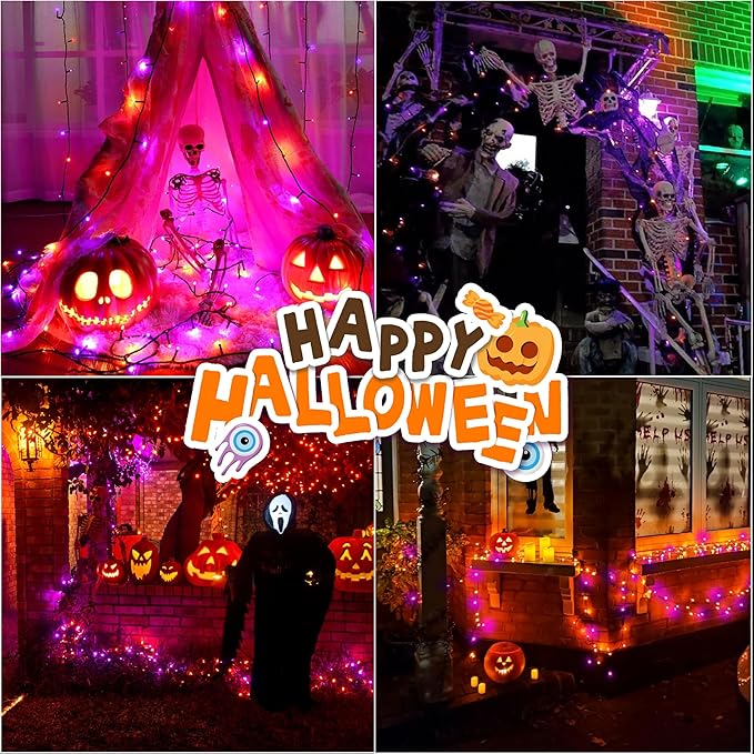LAMPHOME 33ft Halloween Decorative Mini Lights, 100 LED Transparent Wire Fairy Starry String Lights Plug in, 12 Lighting Modes, for Halloween Decoration Outdoor Party Decoration (Orange and Purple)