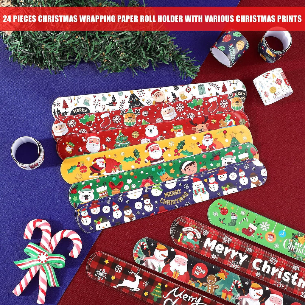 24pcs Christmas Wrapping Paper Roll Holder Clips, 8.7x1.2in Holiday Flip Wraps 12 Designs Gift Wrap Strips Flip Stabilizer Slap Bands for Xmas Poster Wrapping Organization Storage