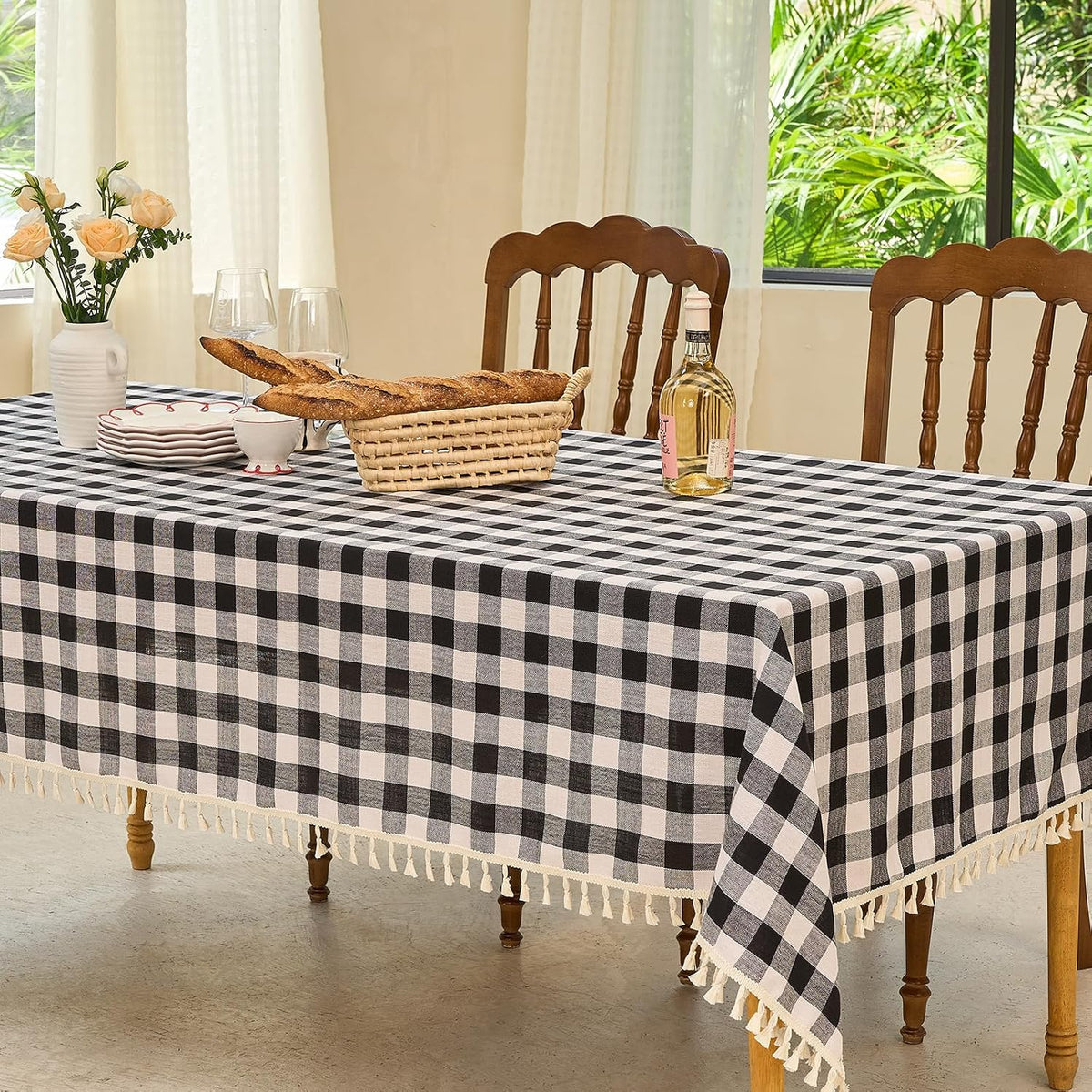 Midsummer Breeze Modern Black White Checkered Tablecloth Rectangle 55”x84”