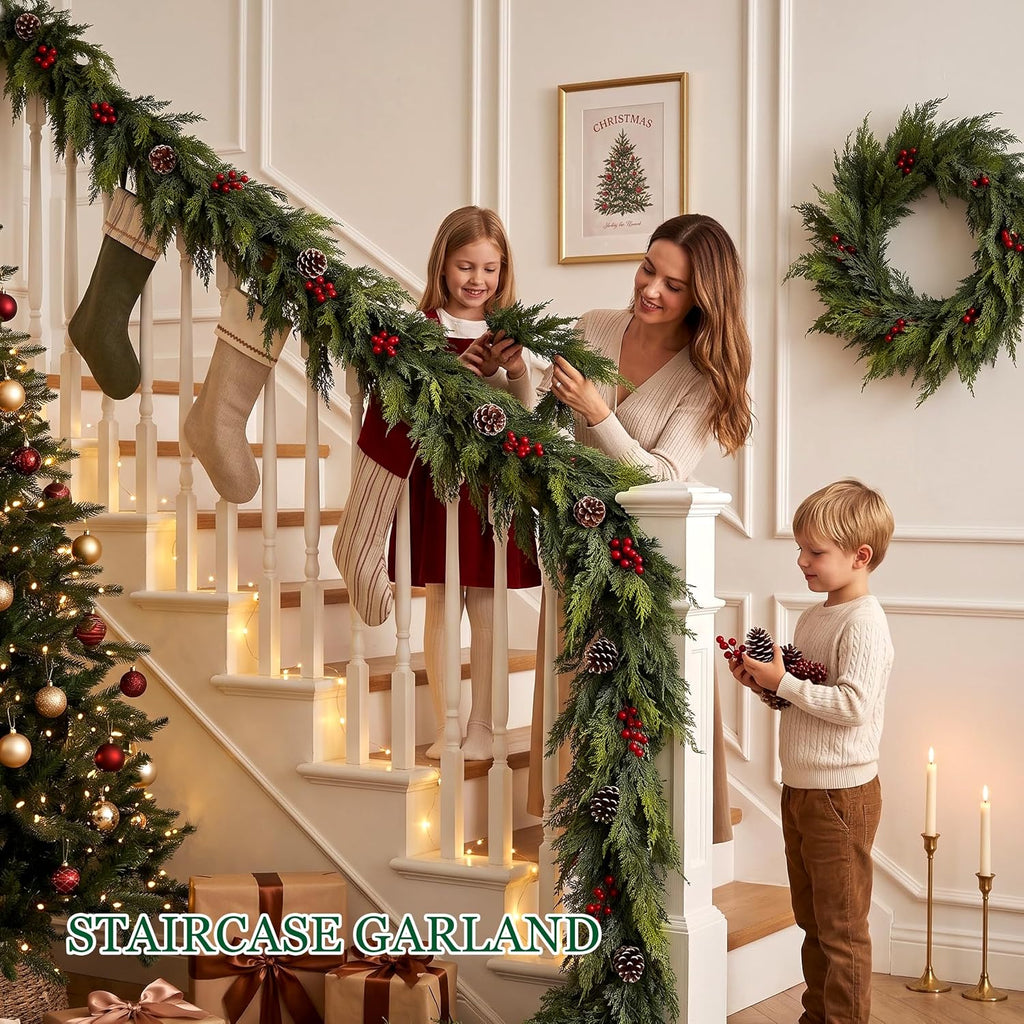 realistic christmas cedar garland decor - 9ft real, side view
