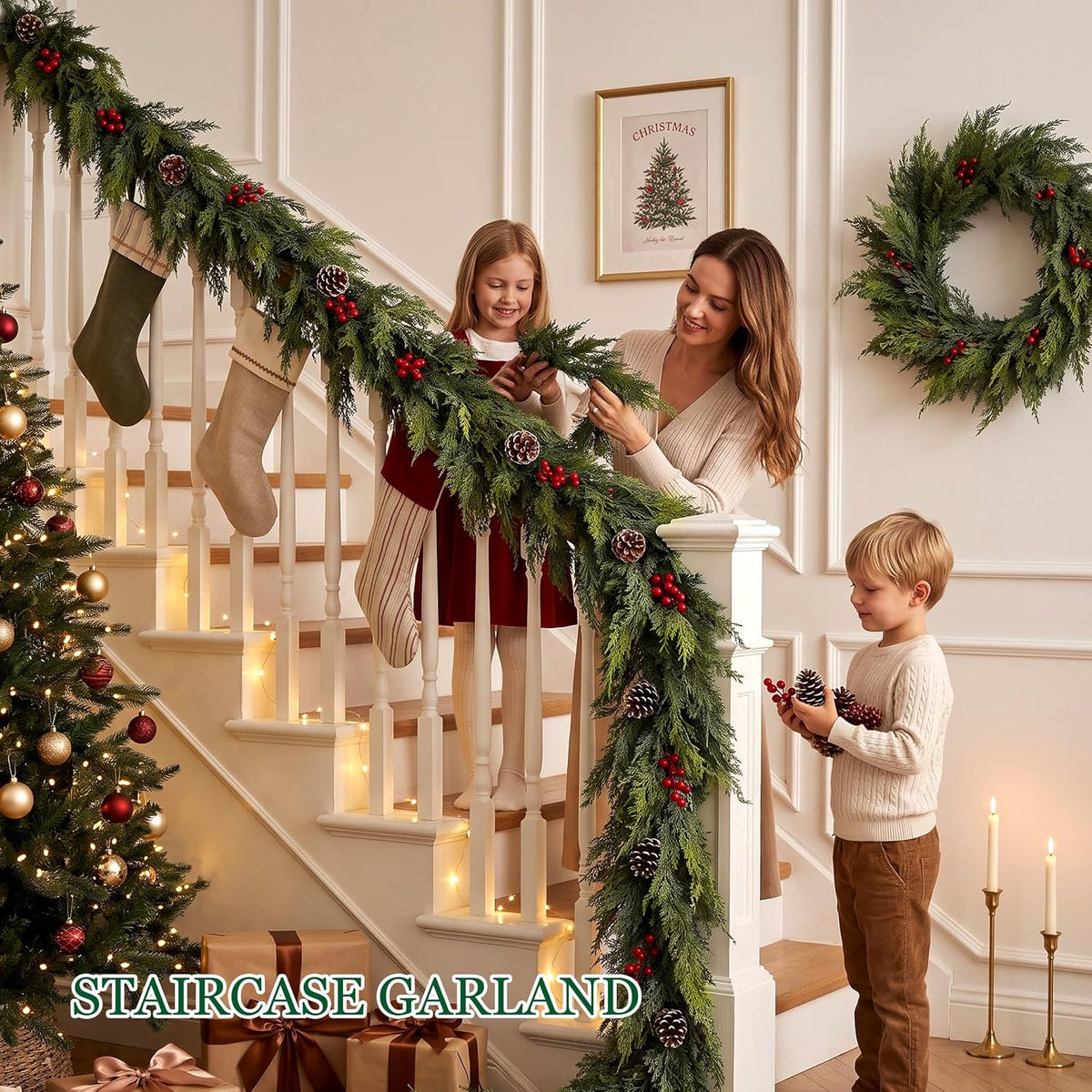 realistic christmas cedar garland decor - 9ft real, side view