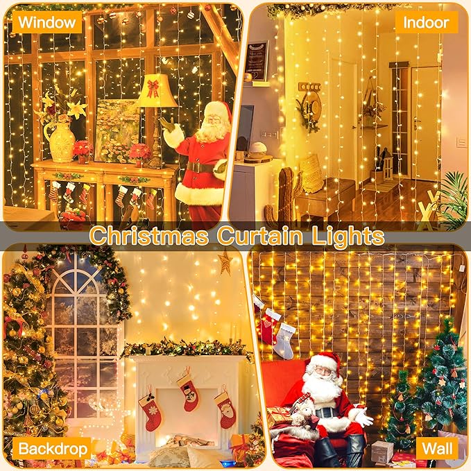 Ollny Curtain Lights 6.6x6.6ft, 200 LED String Lights with Remote 8 Modes Dimmable Timer, USB Power Fairy Light for Bedroom Backdrop Indoor Wall Window Wedding Decor, Warm White