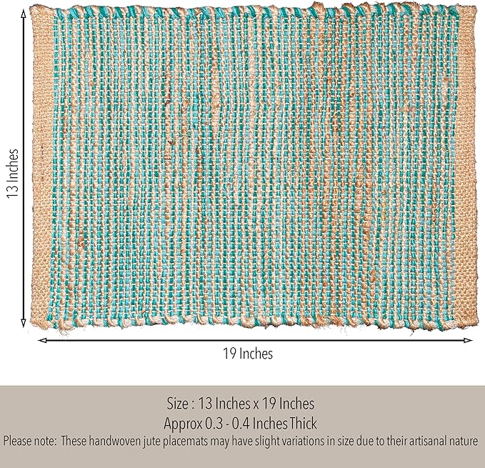 Chardin Home Natural Jute & Aqua Turquoise Placemats, Set of 4 – Rustic Handmade Boho Table Mats, 13x19 in Dining Table Placemats - Kitchen, Everyday Meals, Holidays, Farmhouse or Modern Table Décor