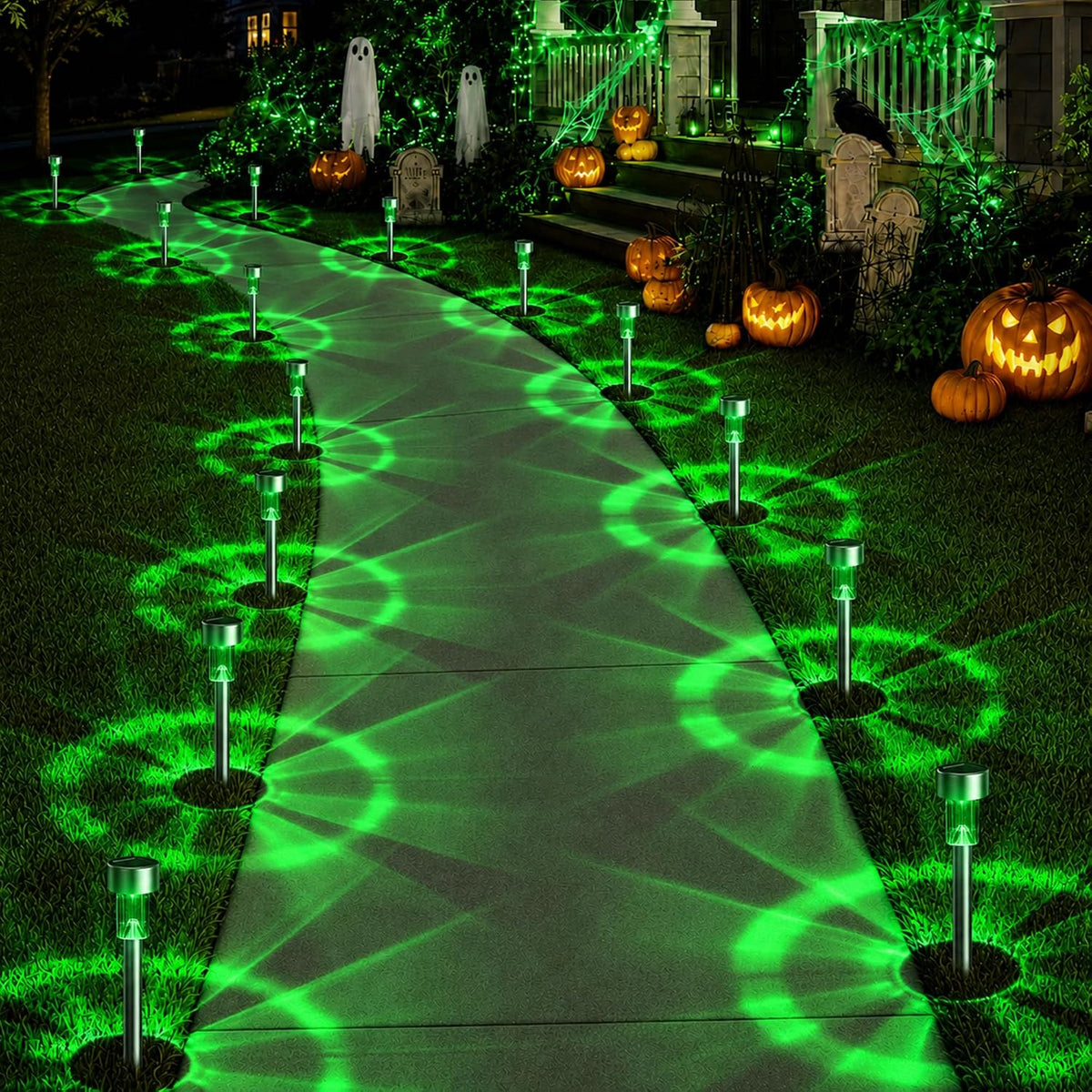 GIGALUMI Green Solar Pathway Lights, 20-Pack Outdoor Halloween Decor