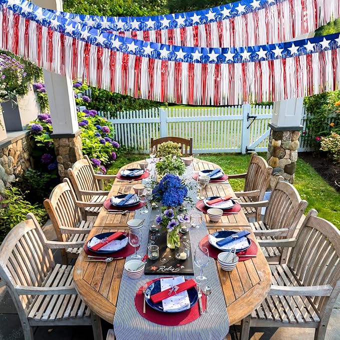 Mega-L 4th of July Decorations 2Packs 39 Feet Foil Fringe Garland Tinsel Streamers, Red White and Blue Star Metallic Hanging Backdrop Banner Table Skirts for Parade Floats Memorial Day Patriotic Party
