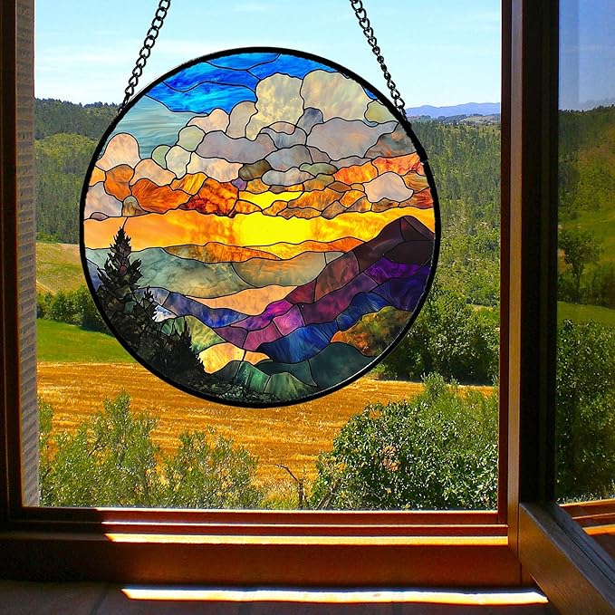 Stained Glass Window Hanging, Abstract Clouds Mountains Landscape Suncatcher for Doors Window Home Sun Catchers Decor Mother's Day Birthday Gifts for Women, Men Mom 9.8 in