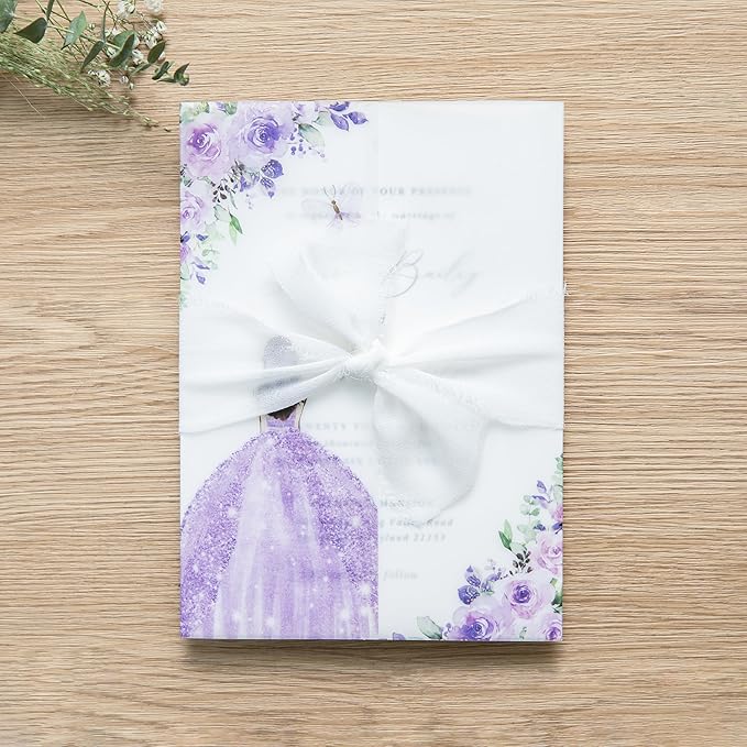 PONATIA 50 PCS Vellum Jackets for 5x7 Invitations - Vellum Paper 5x7 Jackets - 135GSM Purple Girl Flowers Quinceanera Invitation Transparent Wraps (Purple Girl)