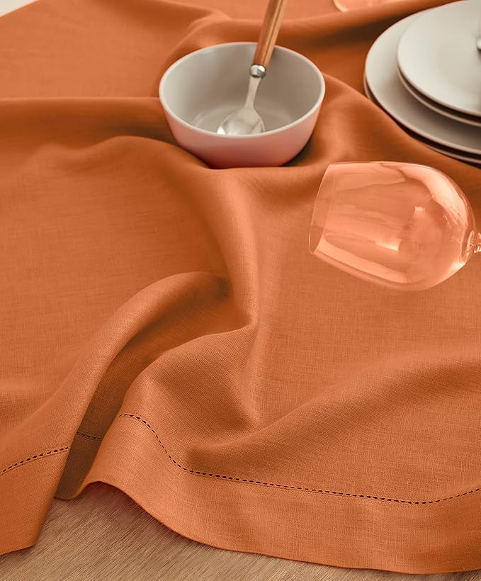 Solino Home Linen Square Tablecloth 52 x 52 Inch - 100% Pure Linen Pumpkin Table Throw - Classic Hemstitch, Machine Washable Table Cloth for Fall, Autumn, Halloween, Thanksgiving, Holiday
