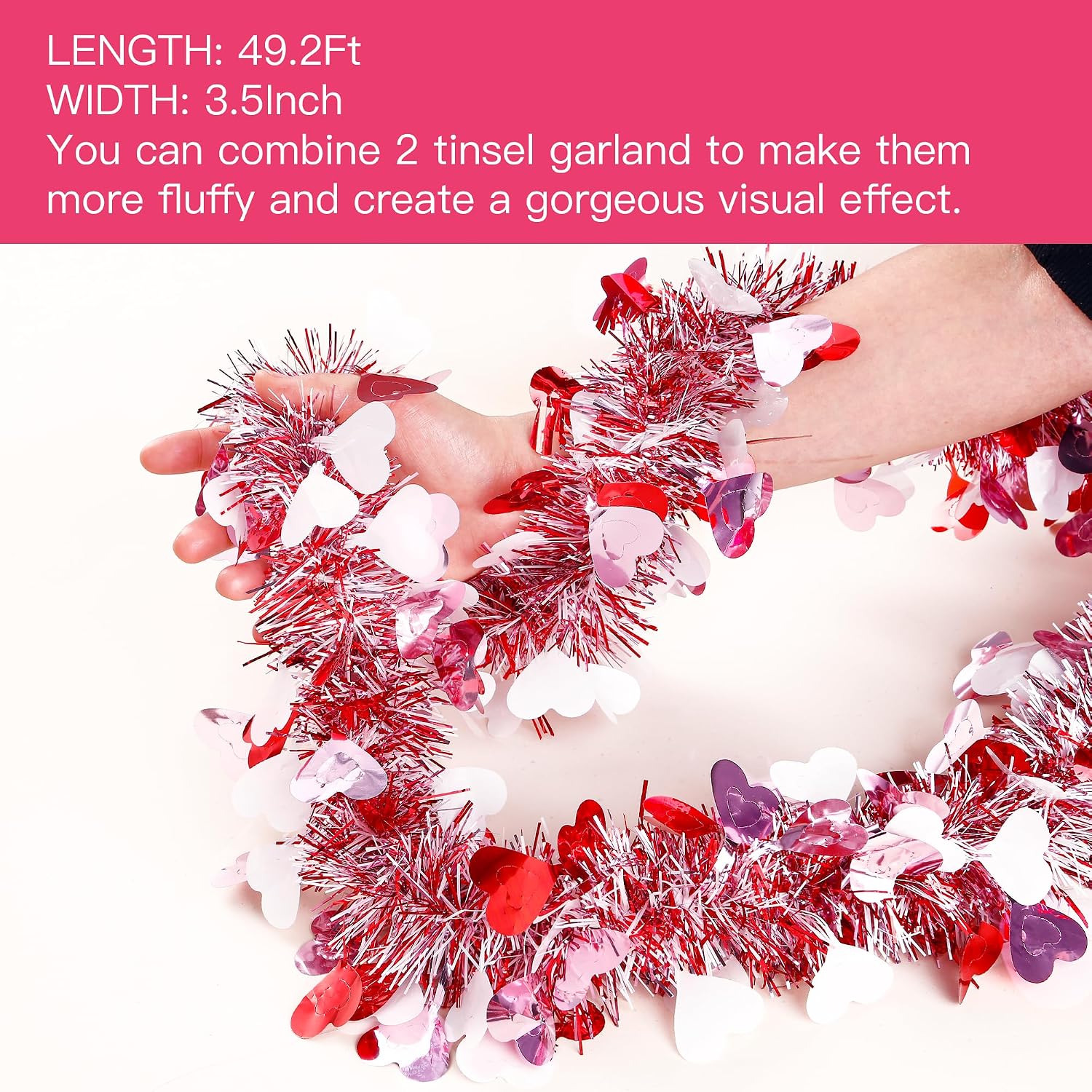 Sggvecsy 49.2Ft Valentine’s Day Heart Tinsel Garland Pink Red White Metallic Twist Garland Shining Ceiling Hanging Decorations for Valentine’s Day Party Anniversary Birthday Holiday Indoor Supplies