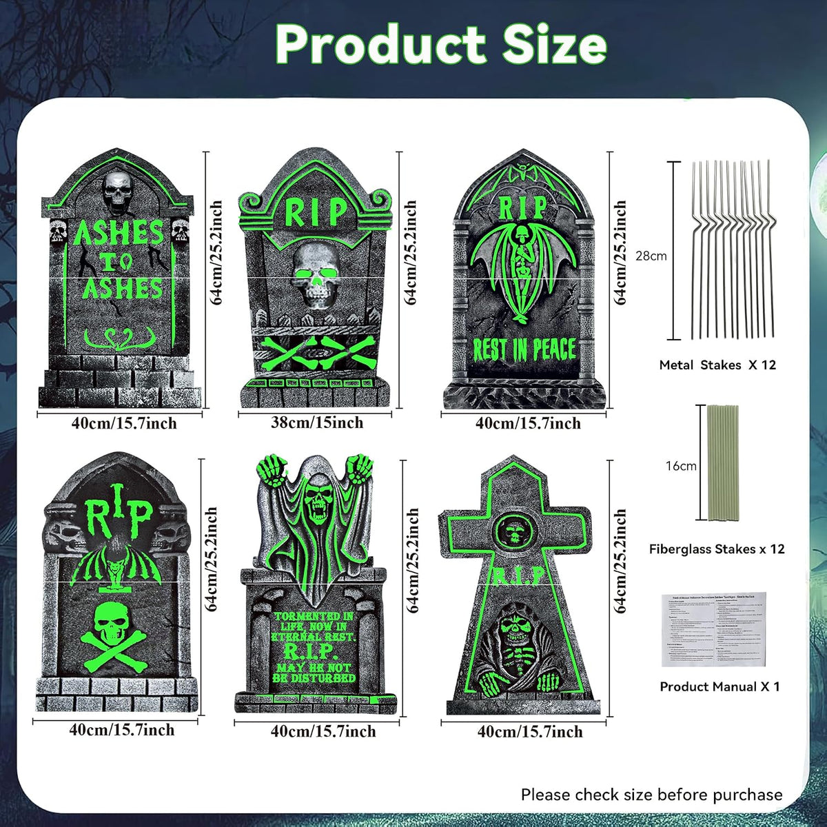 6 Pack Halloween Tombstone Decorations Glowing in The Dark, 25"x16"...
