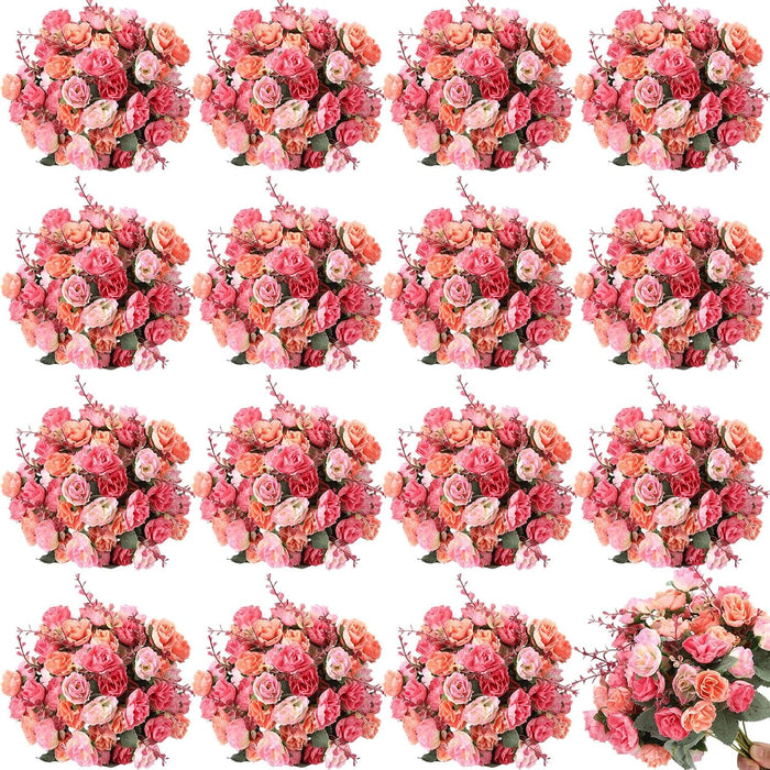 Geosar 16 Pcs Artificial Rose Flowers Bouquets 21 Heads Each, Pink