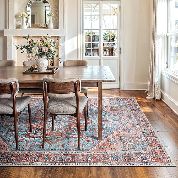 Bloom Rugs Washable Non-Slip 8' x 10' Rug - Coral/Sky Blue Traditional Medallion Area Rug for Living Room, Bedroom, Dining Room, and Kitchen - Exact Size: 8' x 10'
