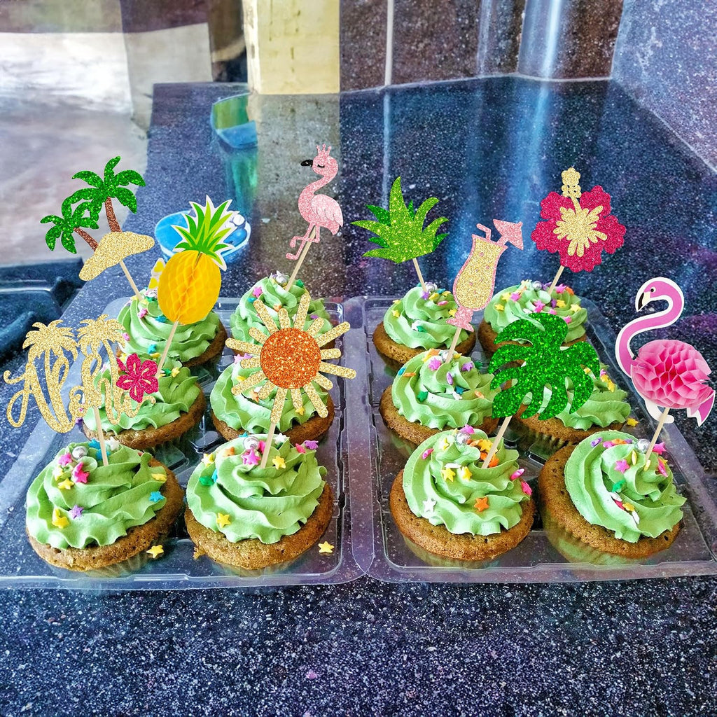 Gyufise 32Pcs Tropical Cupcake Toppers Glitter Luau Cake Topper Aloha Cupcake Picks Pineapple Flamingo Cupcake Decorations for Hawaiian Theme Baby Shower Birthday Party Supplies Pink Yellow Green