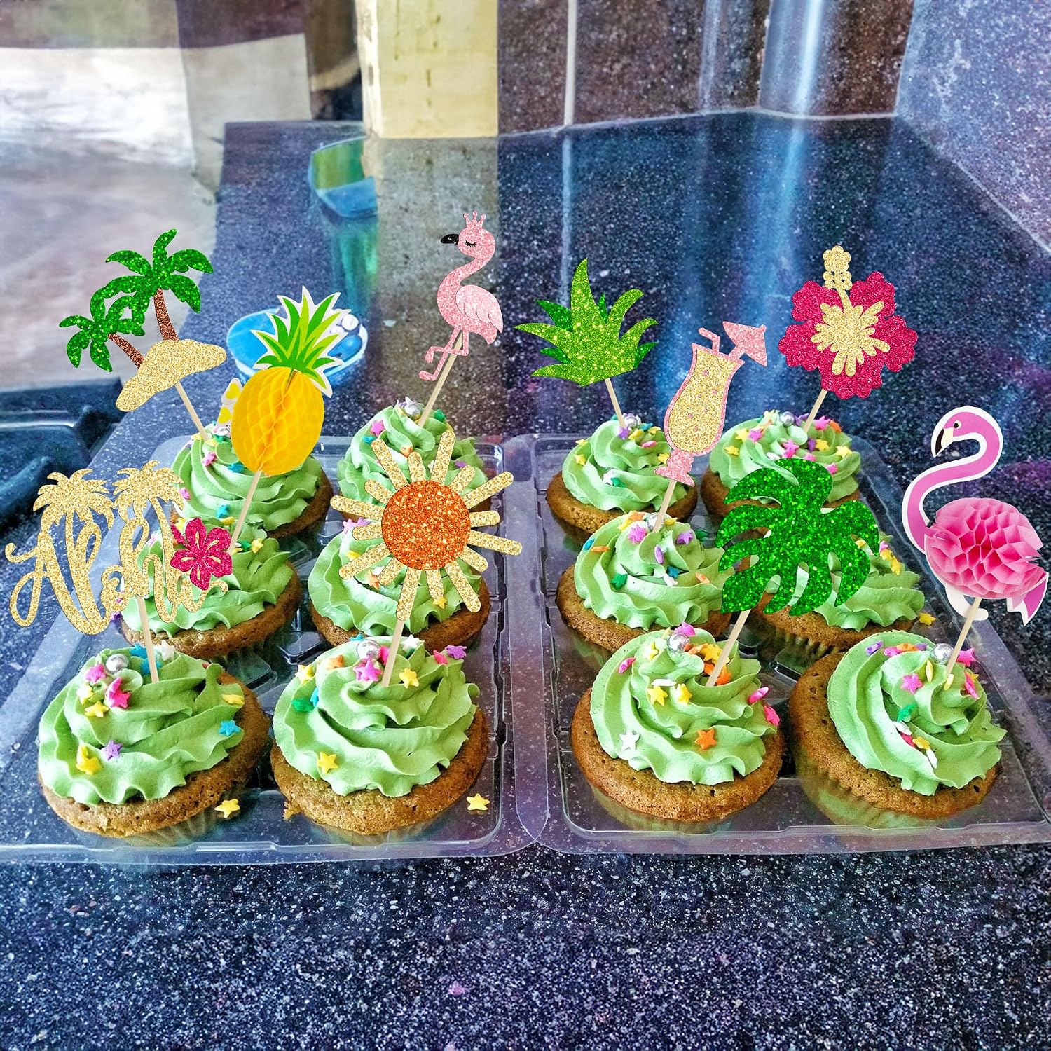 Gyufise 32Pcs Tropical Cupcake Toppers Glitter Luau Cake Topper Aloha Cupcake Picks Pineapple Flamingo Cupcake Decorations for Hawaiian Theme Baby Shower Birthday Party Supplies Pink Yellow Green