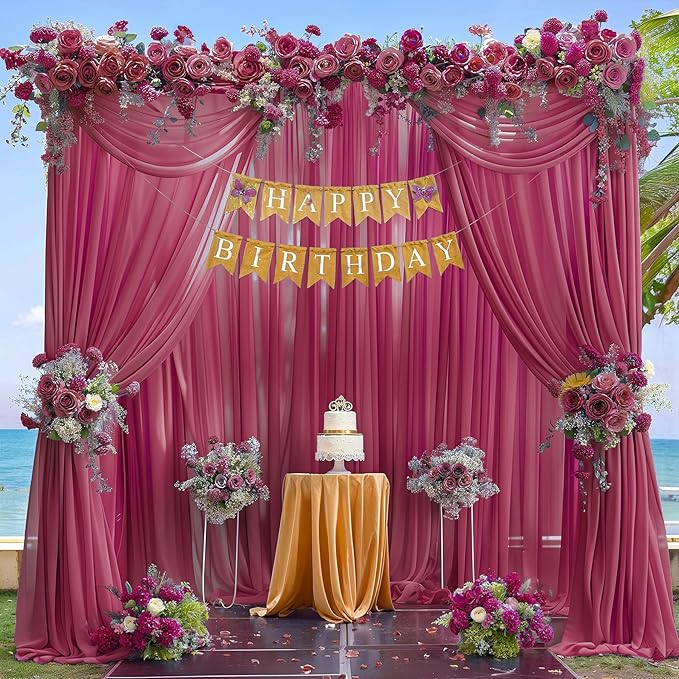 10ft x 10ft Burgundy Backdrop Curtains, Wrinkle-Free Sheer Chiffon Fabric Photo Backdrop Drapes for Wedding Arch Party Ceremony Stage Photography Decorations