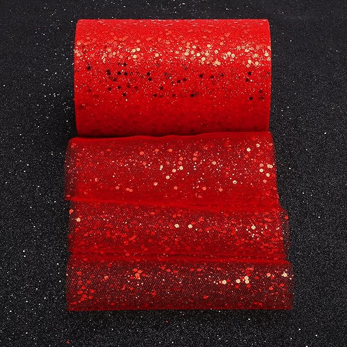 Glitter Tulle Rolls, 6” by 50 Yards (150FT) Sparkling Tulle Spool Ribbon Sequin Tulle Netting Fabric for Tutu Skirt Wedding Birthday Baby Shower (Red)