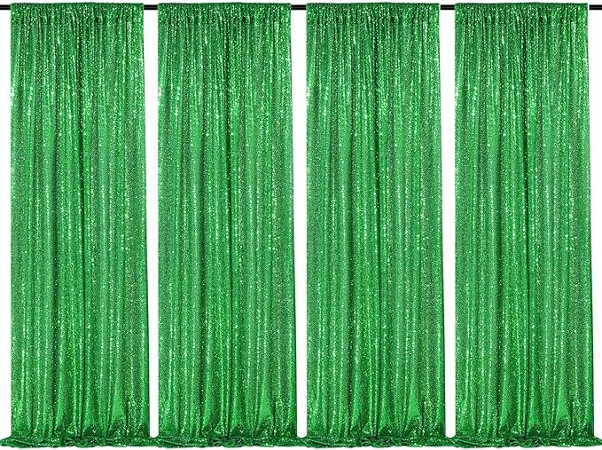Green Sequin Backdrop 4 Panels 2FTx8FT Wedding Photo Backdrop Glitter Birthday Party Decorations Sparkle Background Drapes