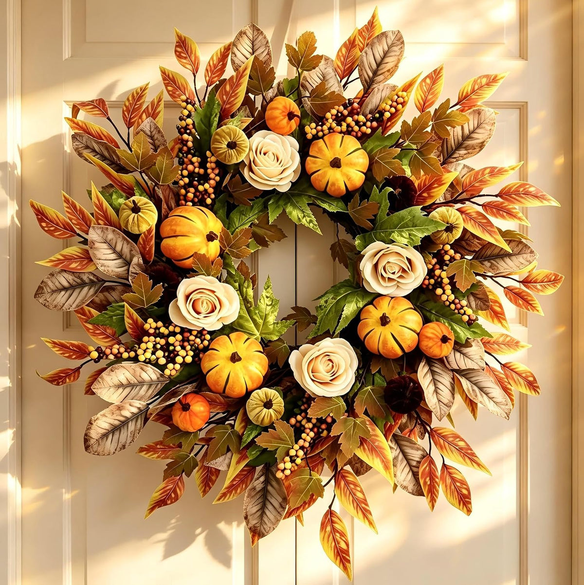 24 Inch Fall Wreaths for Front Door, Autumn Pumpkins Wreaths